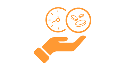 Icône orange représentant une main tenant une horloge et trois pièces de monnaie