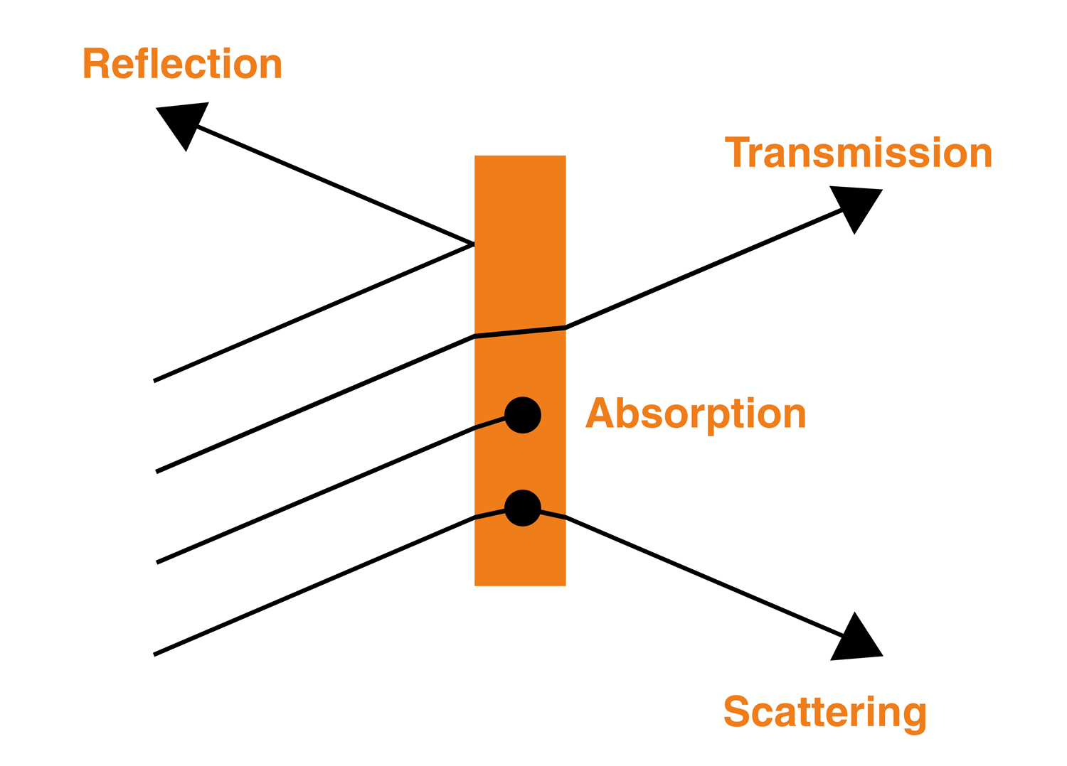 Distintos procesos de la luz fundamentales durante la interacción con el material.
