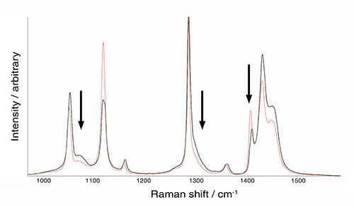 Raman spectra of two polyethylene samples showing a difference in crystallinity