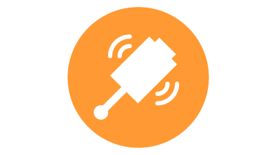 Icono blanco de una sonda por radio para inspección de automatización industrial durante el proceso rodeado por un círculo naranja