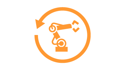 Icono naranja del robot industrial dentro de una flecha circular