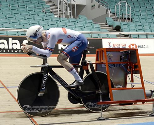 Ed Clancy OBE, Triple Olympic Gold Medallist, testing the HB.T bike at the Manchester Velodrome, UK